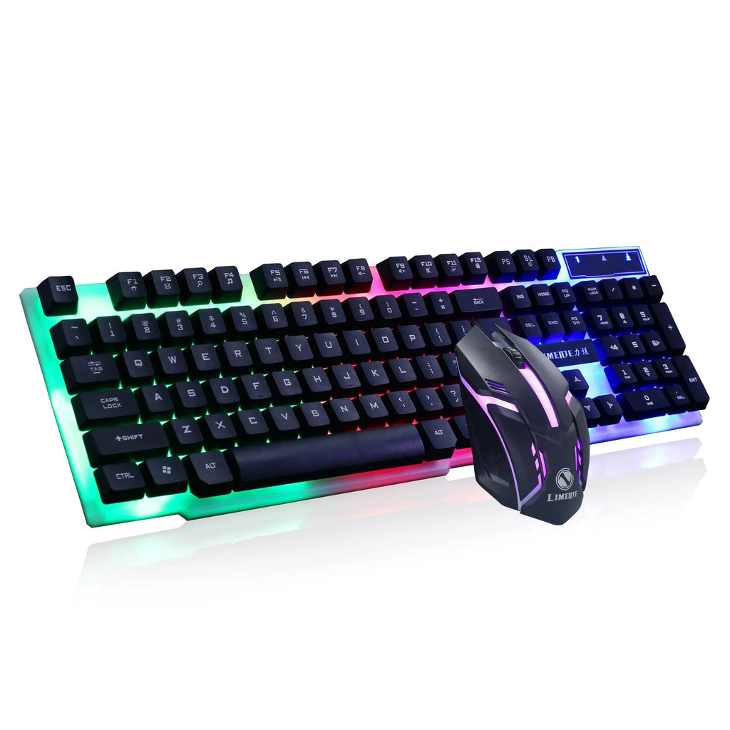 Limei GTX300 white mechanical keyboard and mouse set with backlit keys on a desk.