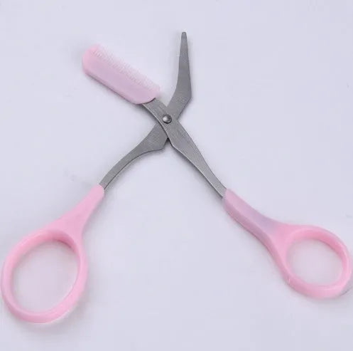 Pink eyebrow scissors and eyebrow comb set for brow shaping and grooming