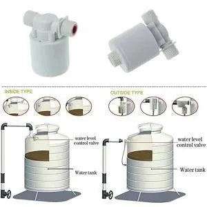 White automatic float valve made of nylon with threaded connection for water pipe installation.