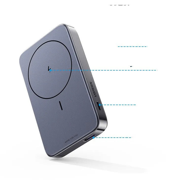 Compact magnetic charging power bank with integrated bracket showing 10000mAh capacity and C-C charging cable