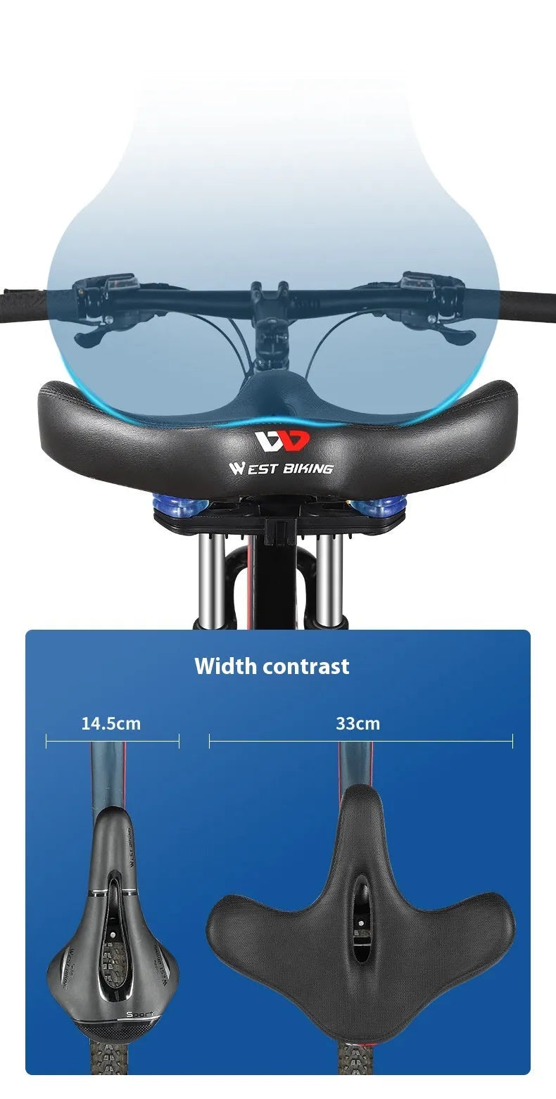 Black leather bicycle seat cushion with thick foam padding for shock absorption.