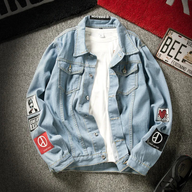 Blue casual denim jacket with lapel collar, loose fit, long sleeves, and multiple pockets
