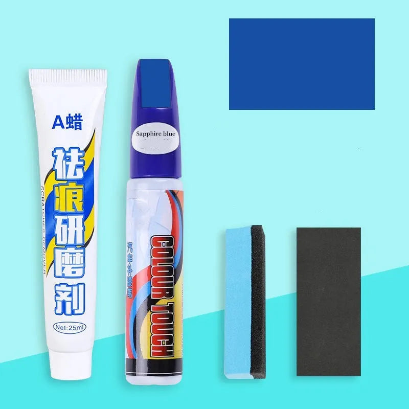Automotive paint repair pen kit with touch-up paint, wax, sponge and sandpaper for car scratch repair