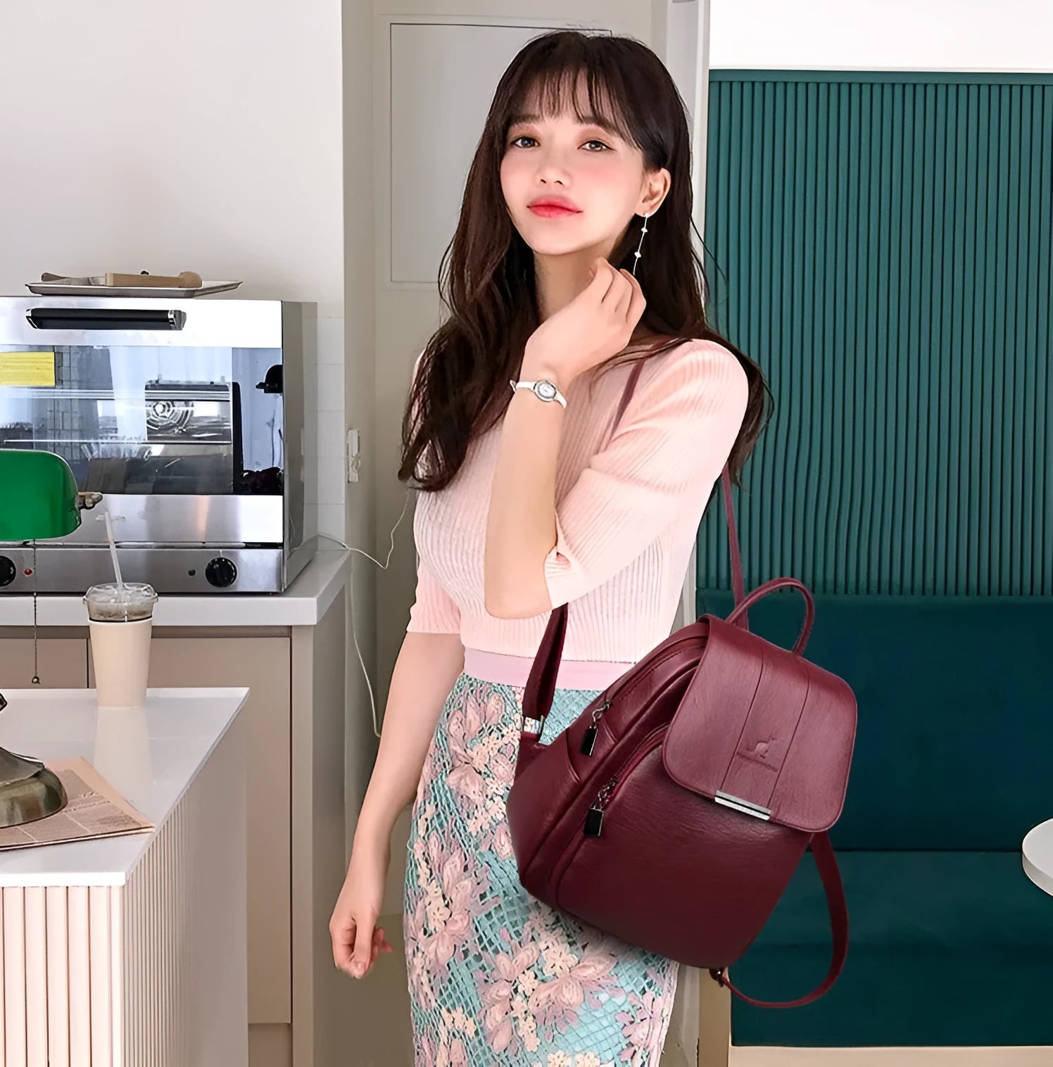 Fashion backpack in PU material with dimensions 30x24x12cm, shown in five colours including Black and Grey