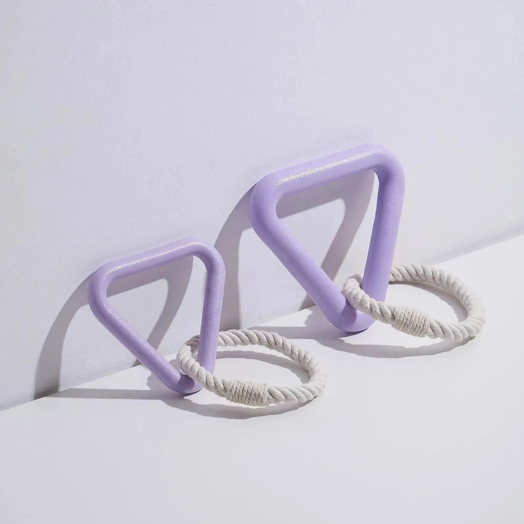 Large triangular pull ring dog toy with twisted cotton rope in beige, pink, or purple.
