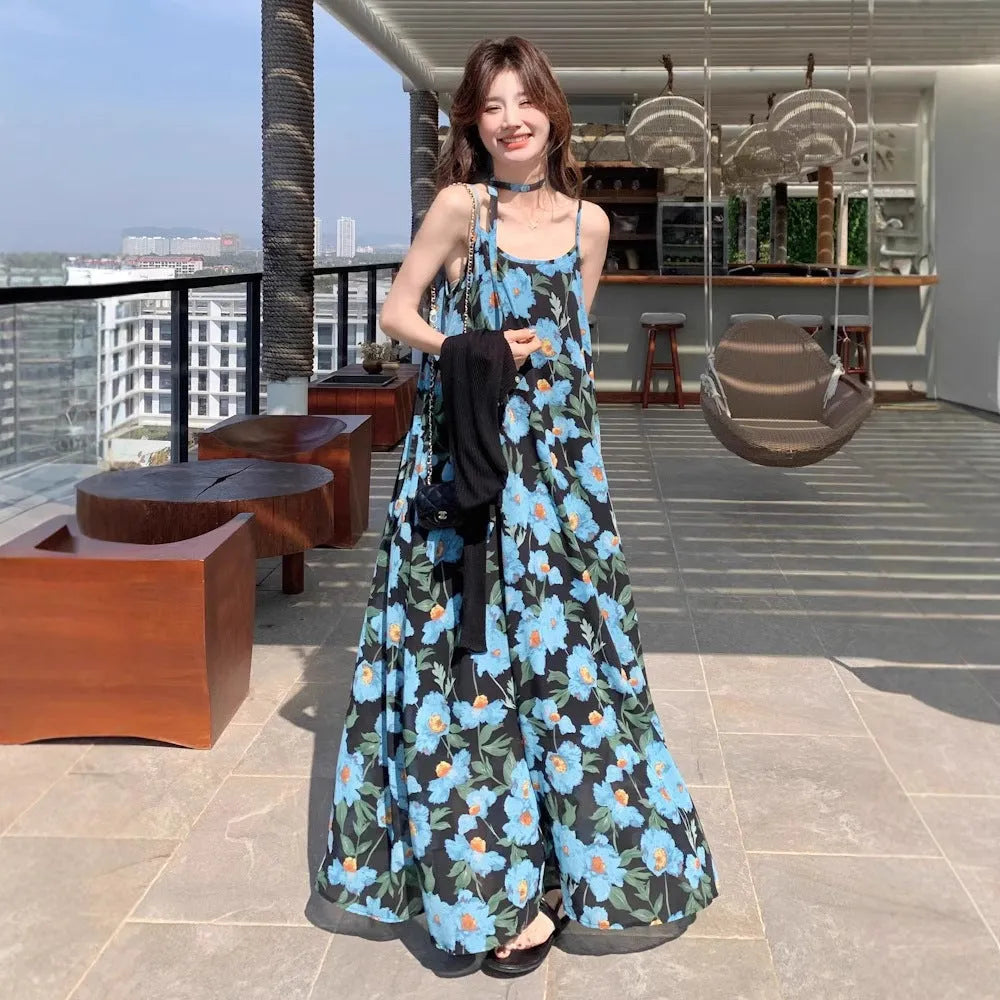 Blue floral strapless off-the-shoulder mid-length polyester dress with print, sleeveless, wide waist