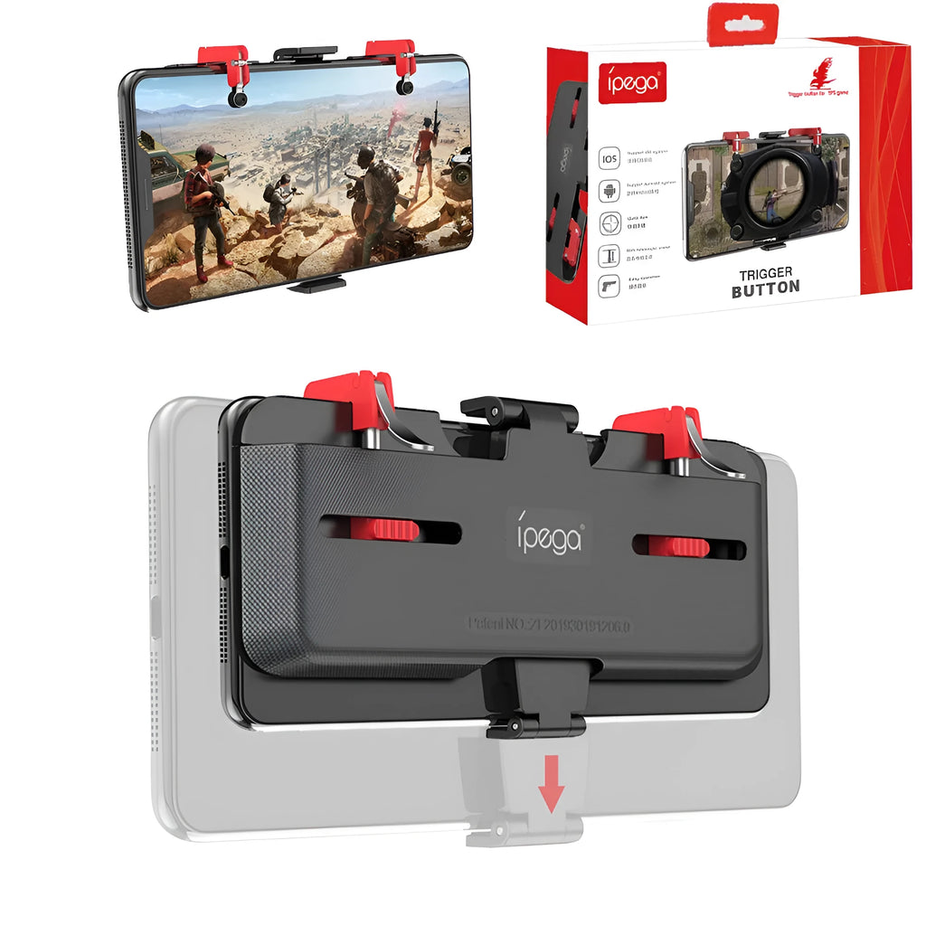Black PG-9137 mobile phone gaming trigger grip stand with adjustable metal trigger and telescopic fixing clip.