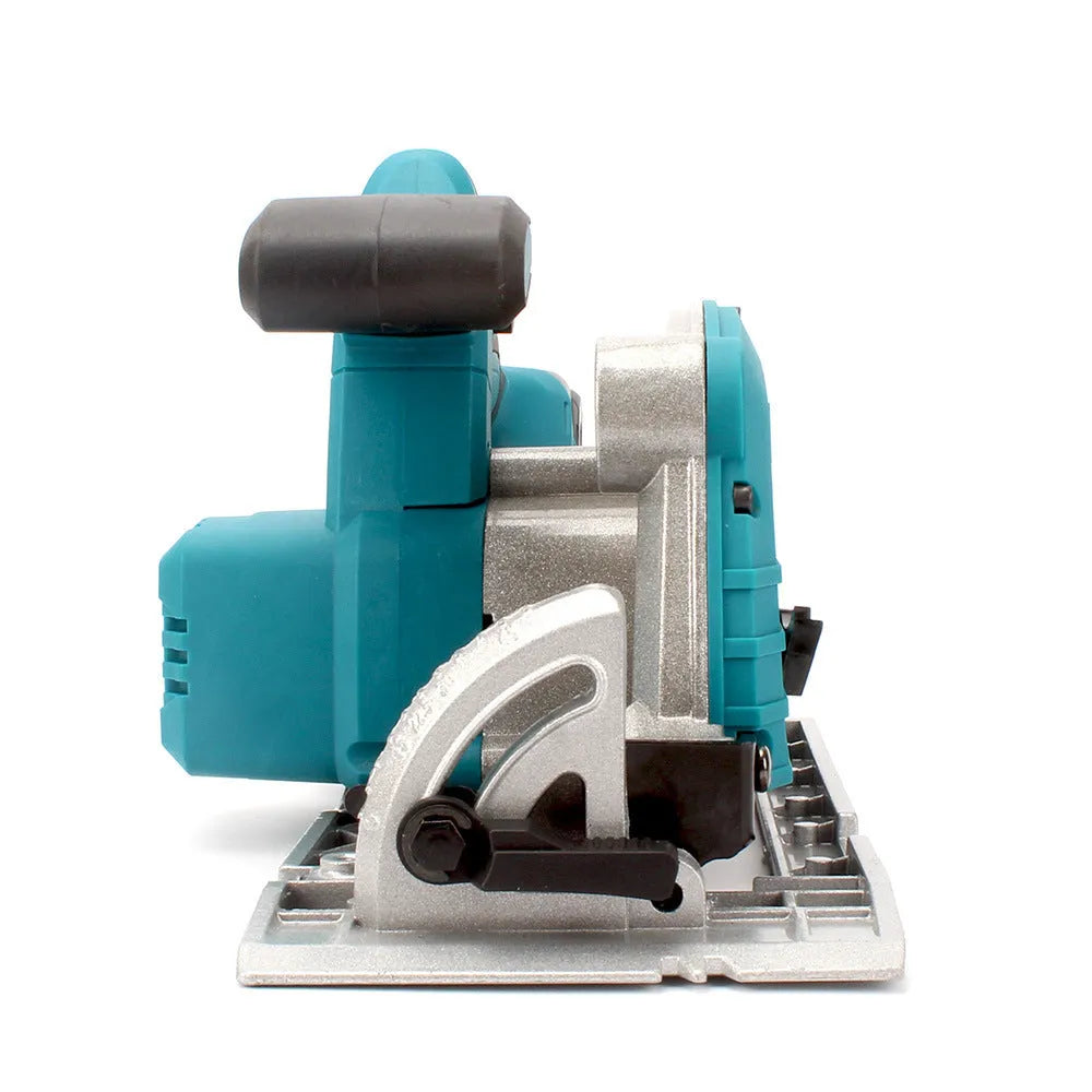 Lithium battery 7-inch electric circular saw with two batteries and charger on wooden workbench