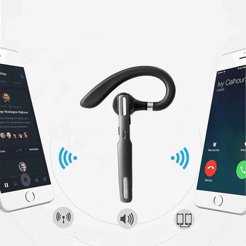 Black mono Bluetooth headset with an ear hook, showing its single earpiece design.