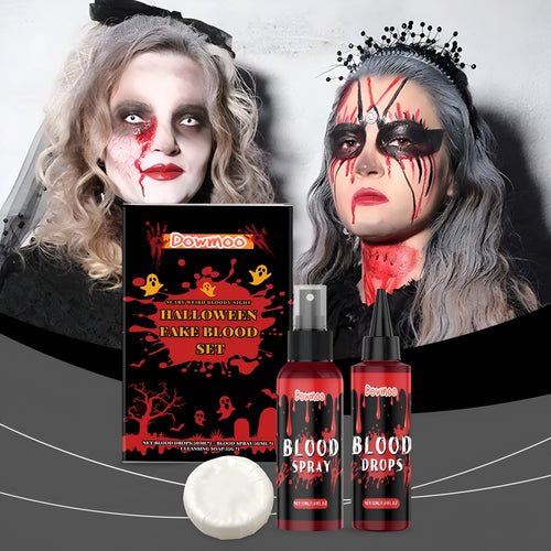 3-piece washable simulation fake blood set with plasma drops, spray, and facial soap for horror makeup effects