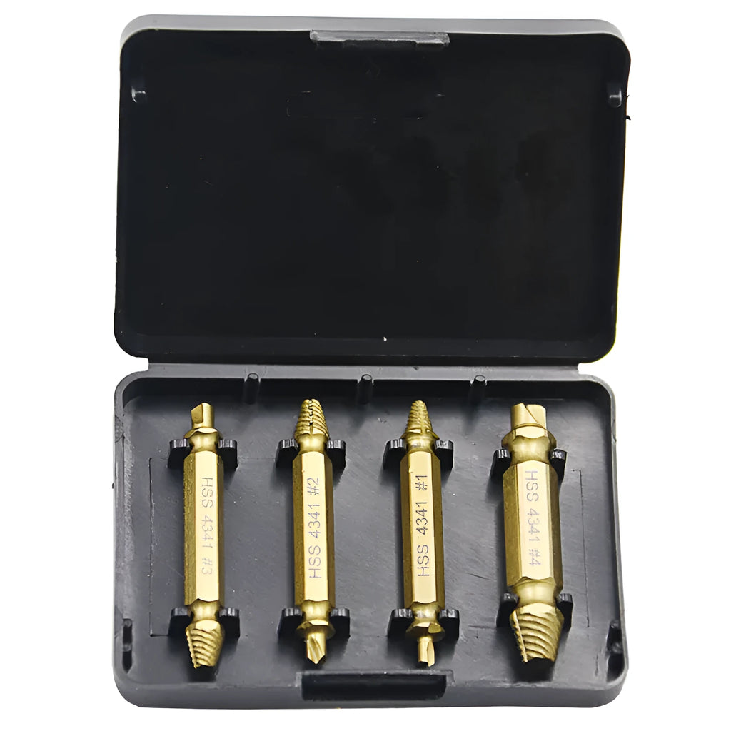 Five-piece high-speed steel screw extractor set with 4341 model for removing damaged fasteners and nails.
