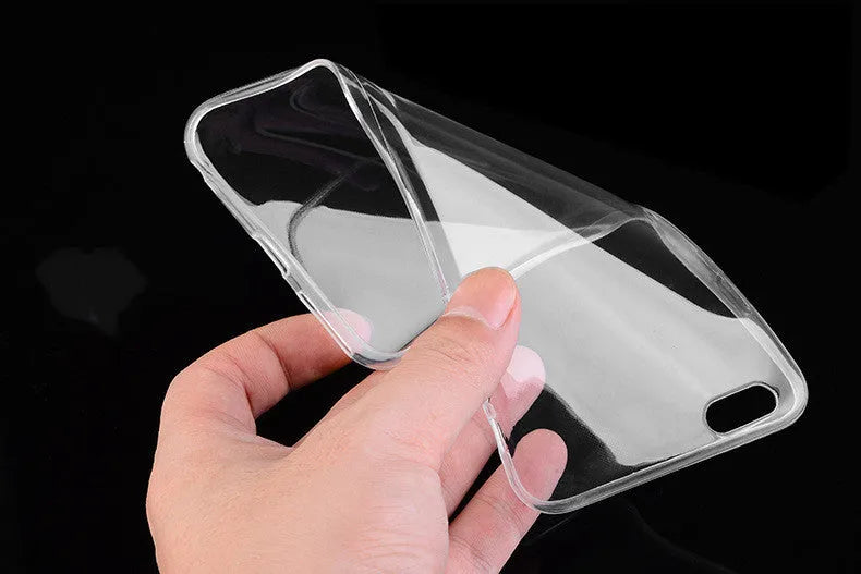 Transparent soft TPU case on an iPhone, showing the phone's screen and colour through the clear material.