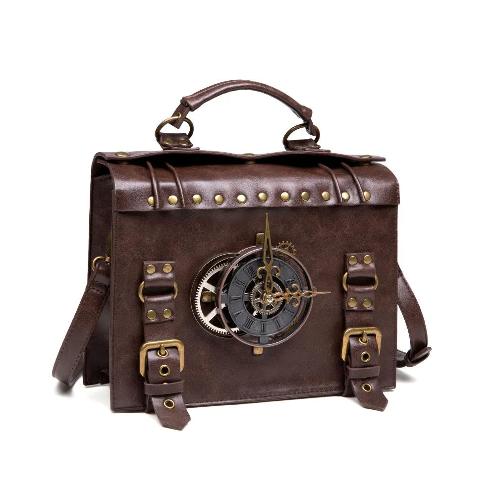 Bronze steampunk industrial retro style shoulder bag with textured PU leather and metal hardware