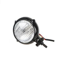 Black electroplated halogen headlight for Harley motorcycles showing 8cm diameter lens and cast aluminium housing.