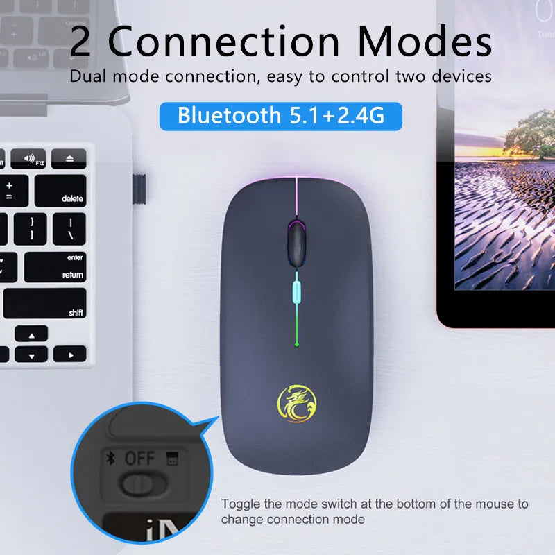 Black and white dual-mode silent wireless mouse with blue scroll wheel light, shown next to its USB charging cable.
