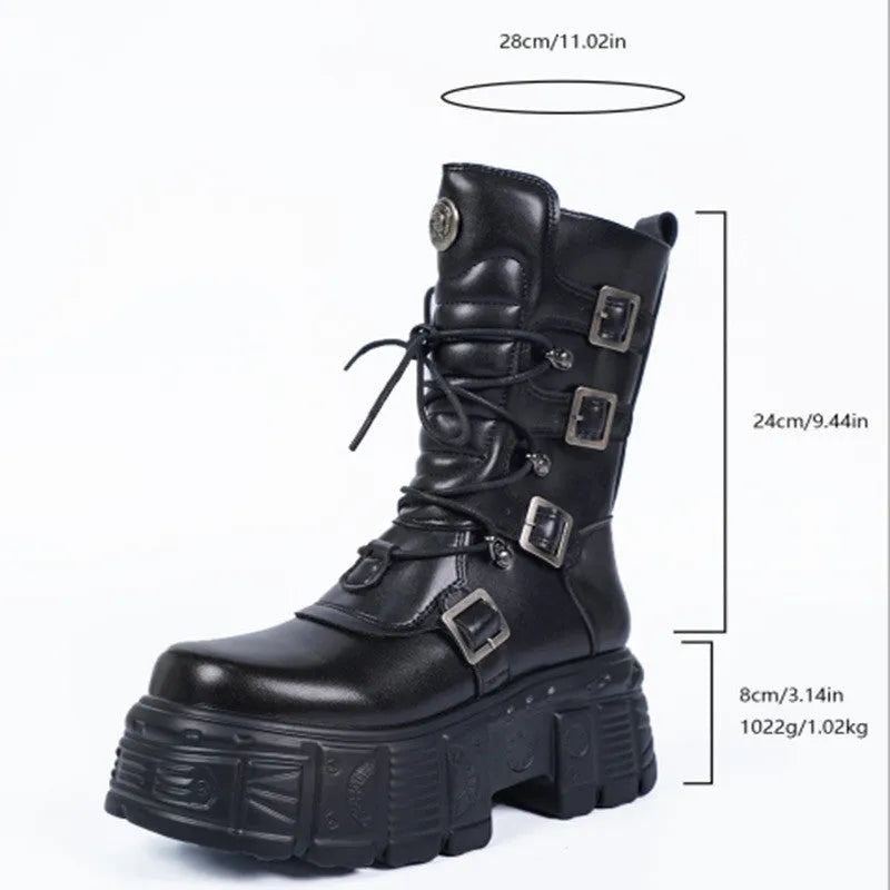 Black PU leather Gothic platform lace-up boots with metal tank detailing and side zipper