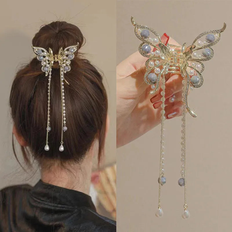 Women's alloy grab clip with butterfly design and 15cm tassel in ancient style, size 8x8.5cm