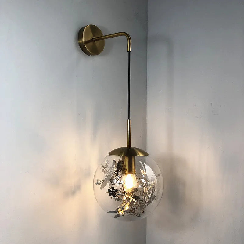 Modern simple glass wall bedside lamp in Golden Flower or Silver Flower finish, 15cm or 20cm size.