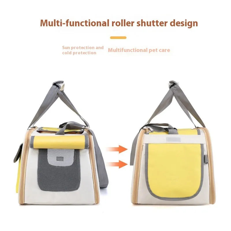Foldable single shoulder pet carrier backpack in canvas material, shown in yellow colour.