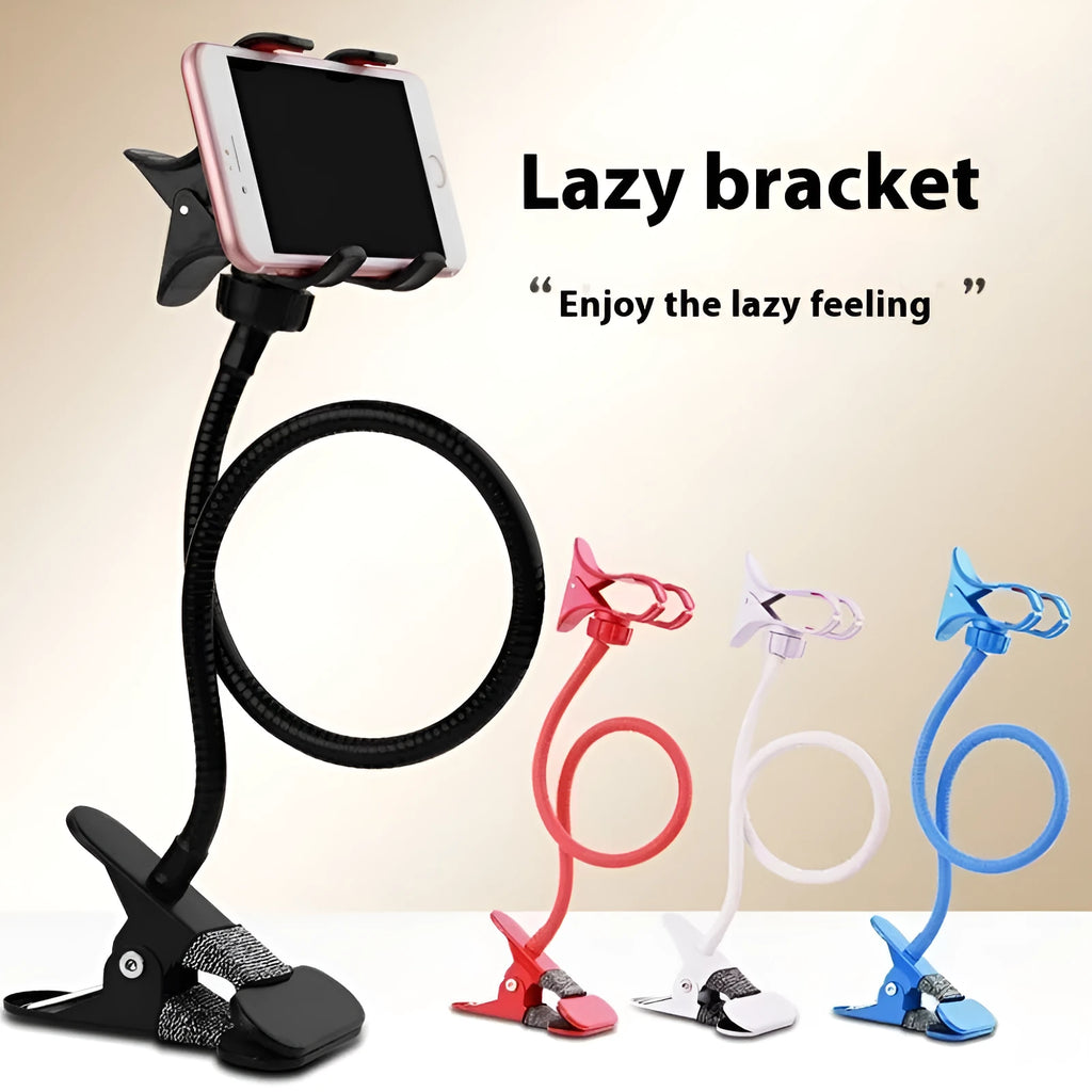 Black metal lazy stand gadget with rotary clip holding a mobile phone on a bedside table