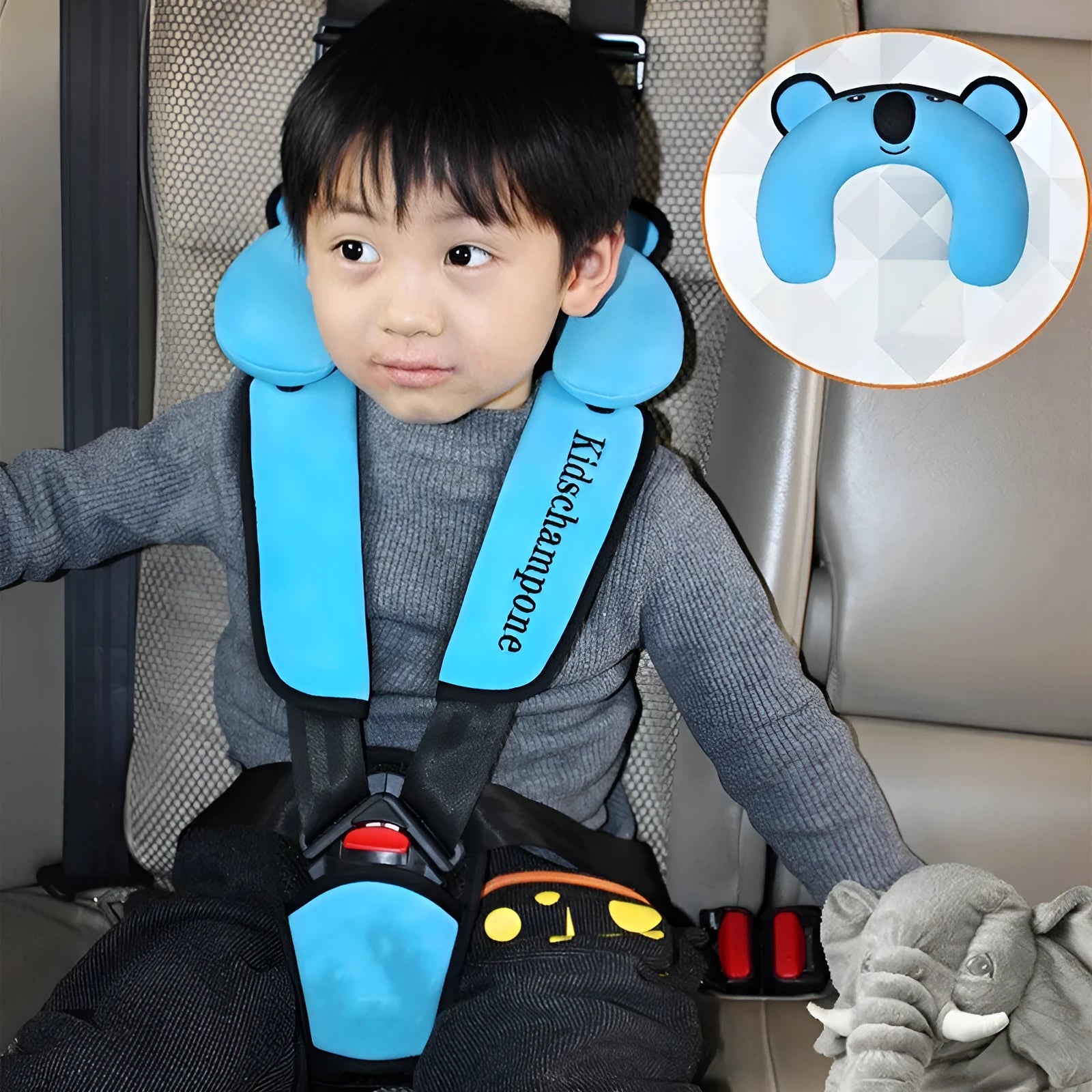Portable child car seat belt retainer in polyester fabric for children 12-36kg.