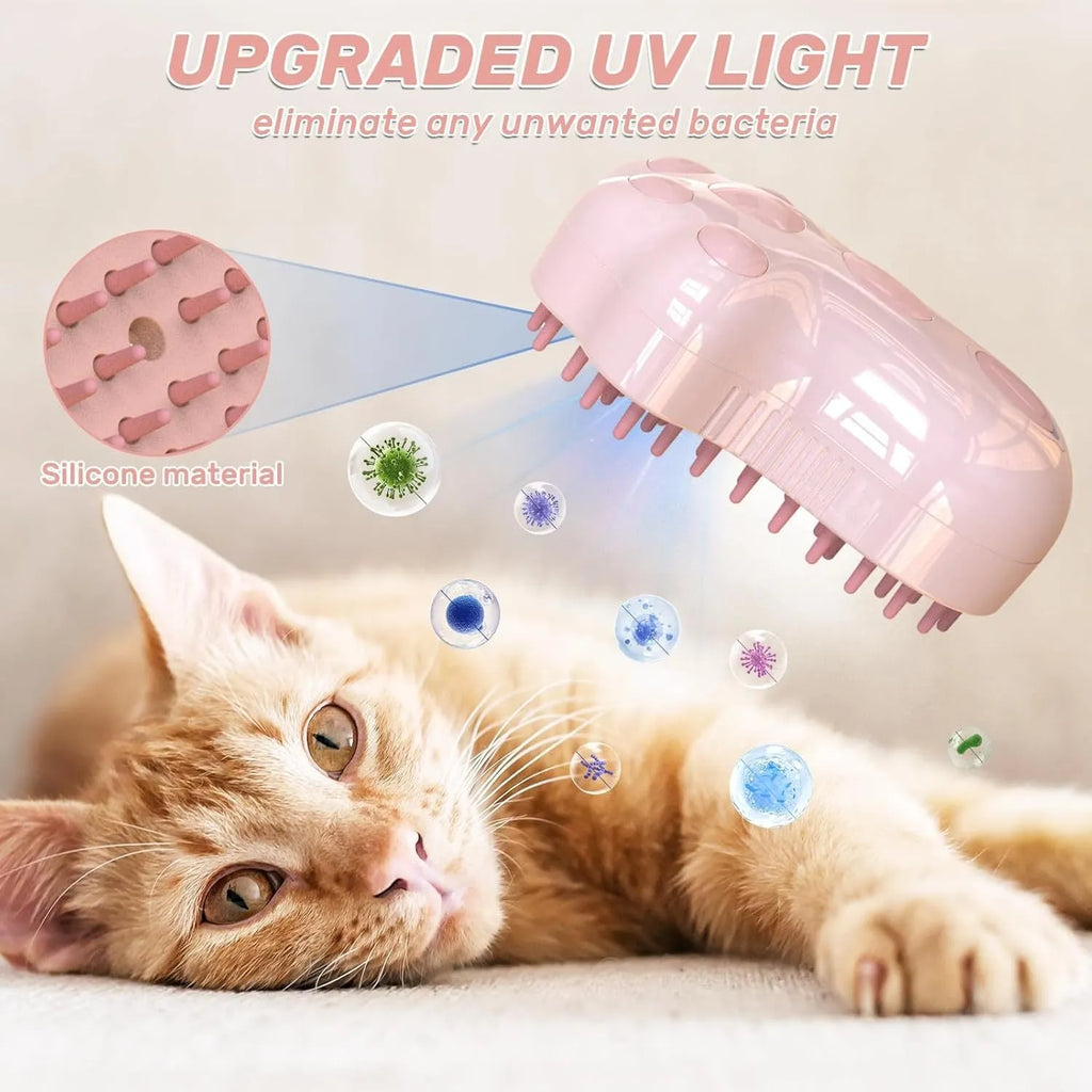 Self-cleaning cat steam grooming brush with silicone bristles and blue light on a pink background
