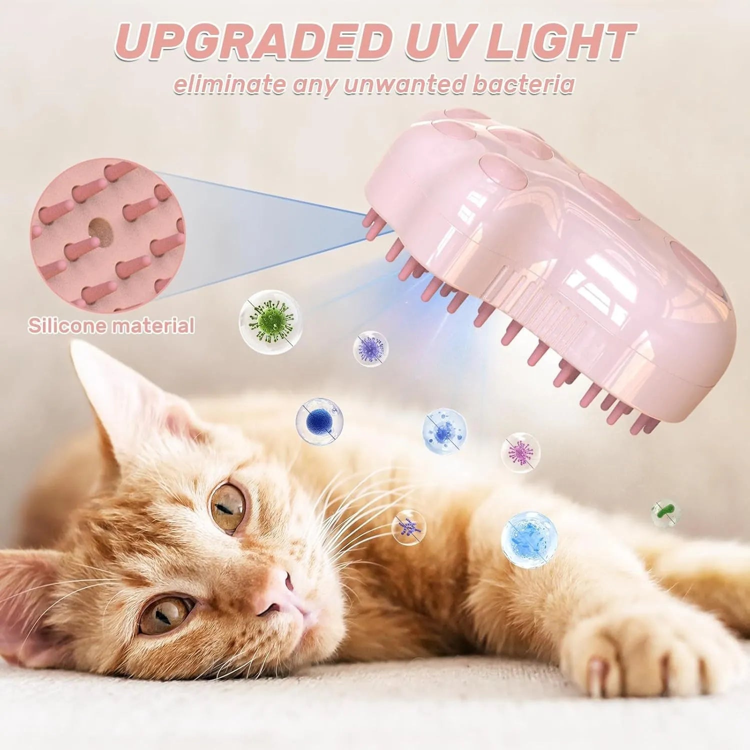 Self-cleaning cat steam grooming brush with silicone bristles and blue light on a pink background