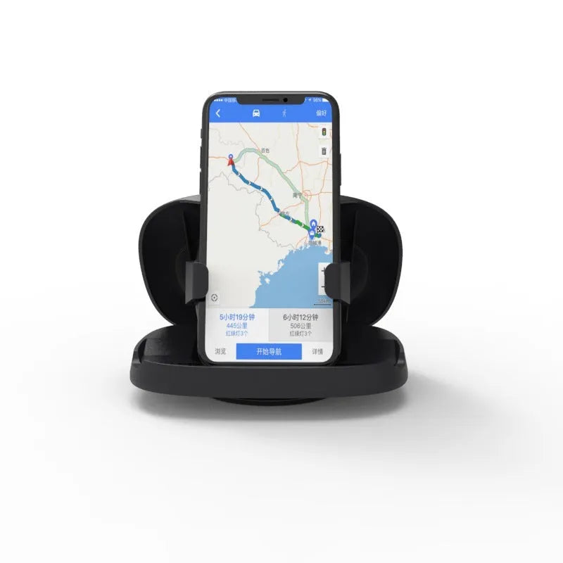 Black rotating suction cup car phone holder attached to a car windscreen