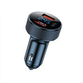 Black aluminium alloy car charger with digital display showing voltage reading, featuring USB-C ports and cigarette lighter socket
