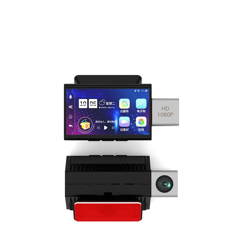 Black front and rear dual camera car dashboard recorder with touch screen display