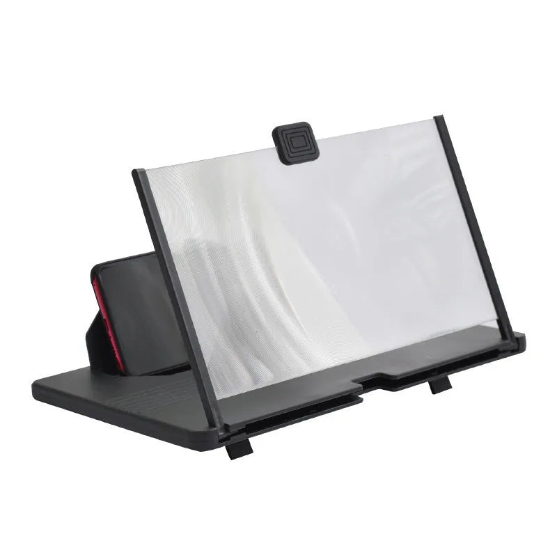Mobile phone screen magnifier in black plastic with phone in stand, 12 inch size