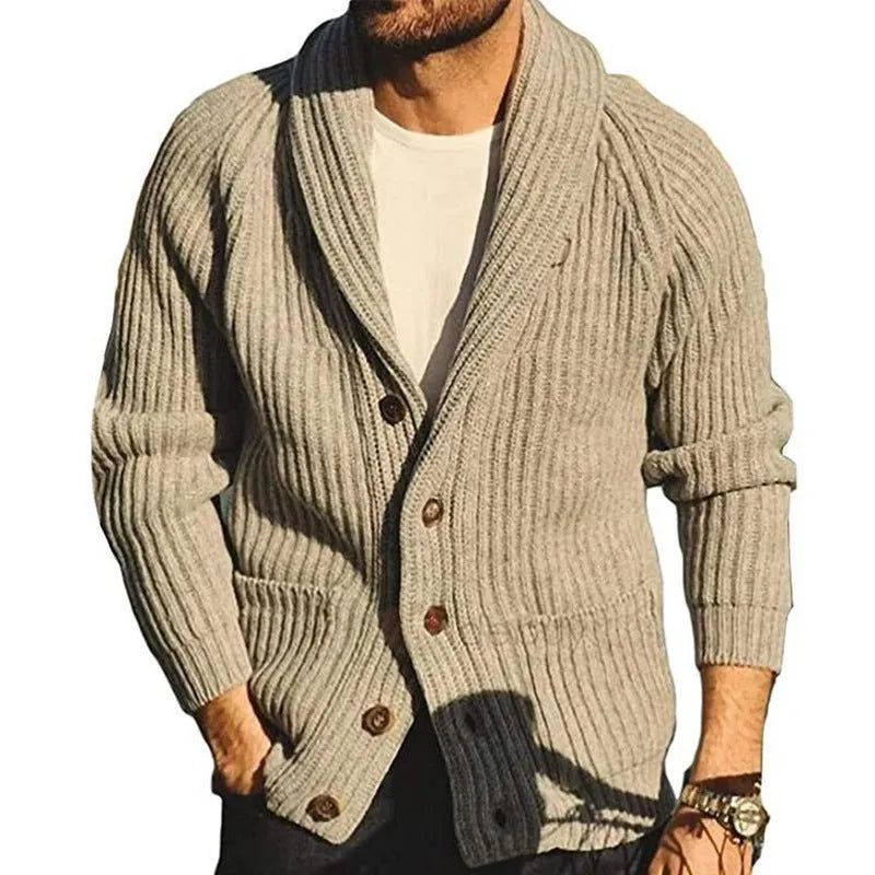 Men's khaki lapel knitting cardigan with front pockets and button closure on a plain background