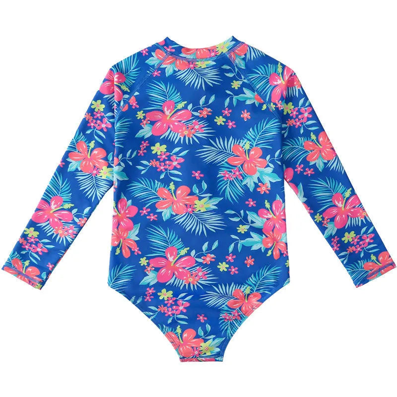 Girl's long sleeve one-piece swimming costume in a bright colour on a hanger