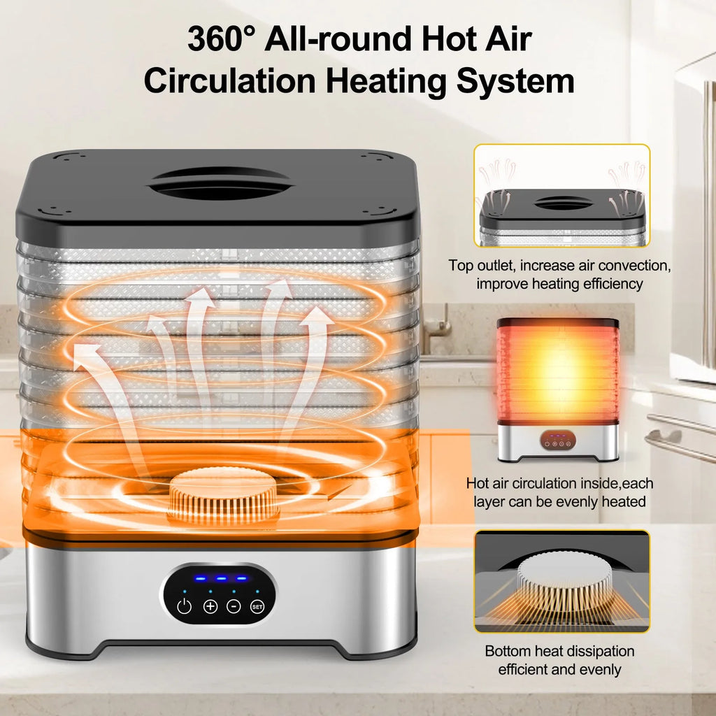 Silver and red household food dehydrator with 8 stacking trays, showing compact design and control panel.