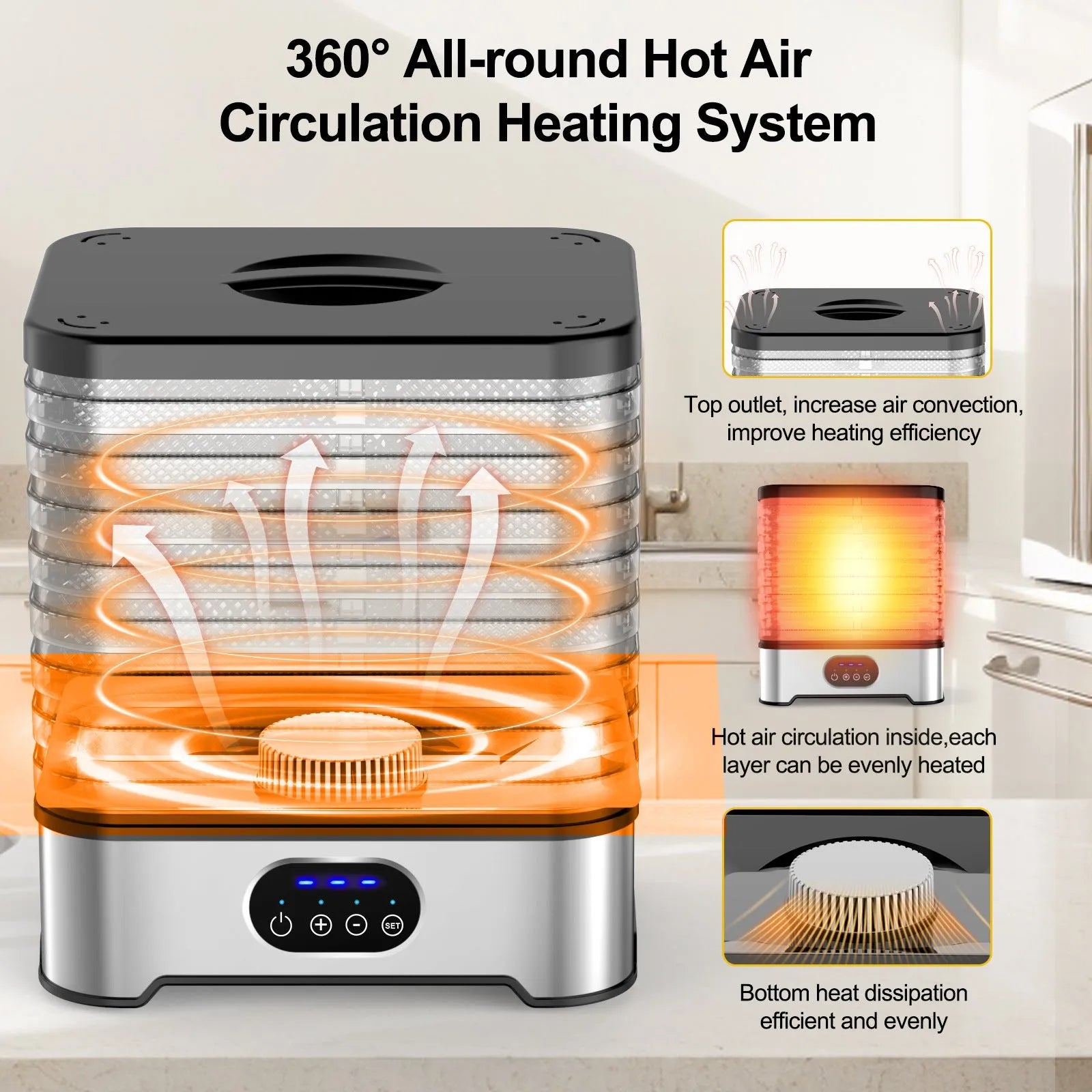 Silver and red household food dehydrator with 8 stacking trays, showing compact design and control panel.
