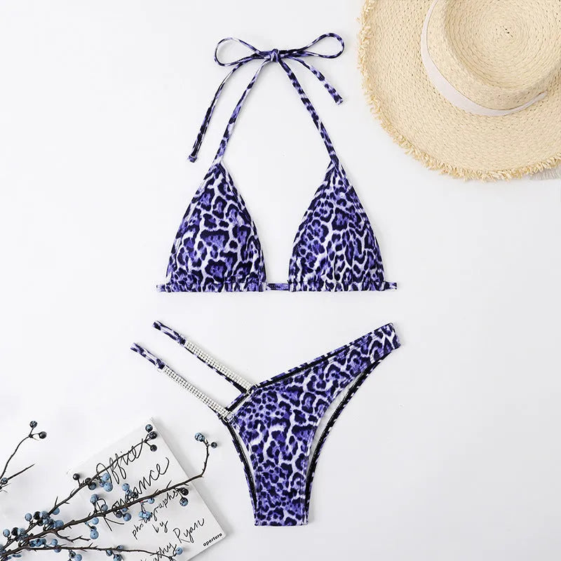 Leopard print polyester bikini set for women, sexy split briefs style, yellow black purple green colours