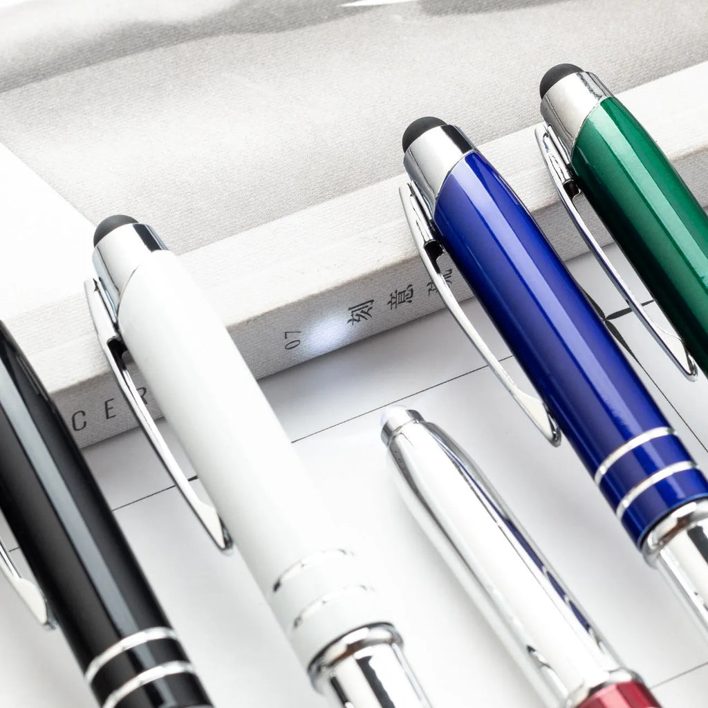 Multifunctional metal capacitive stylus ballpoint pen with LED light in five colour options