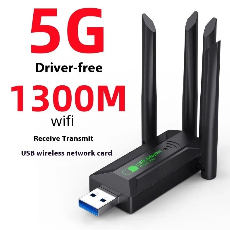 Black external USB network transmitter device with four extended antennas.