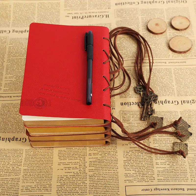 Retro bandage faux leather notebook set with two sizes and strap closure, brown cover, poly paper pages