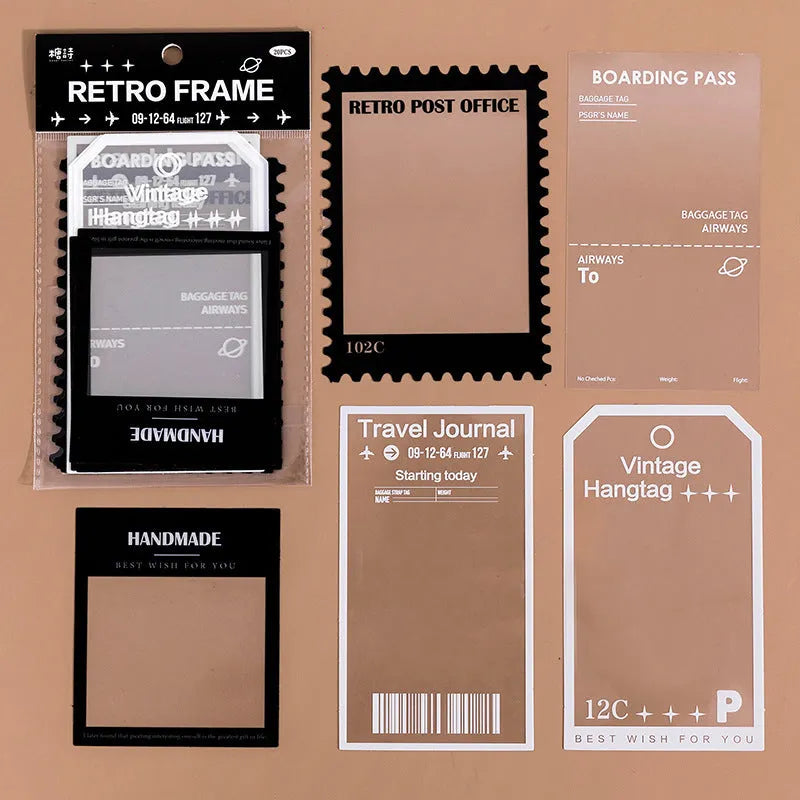 Set of 15 retro frame design stickers on transparent PET paper for journal decoration.