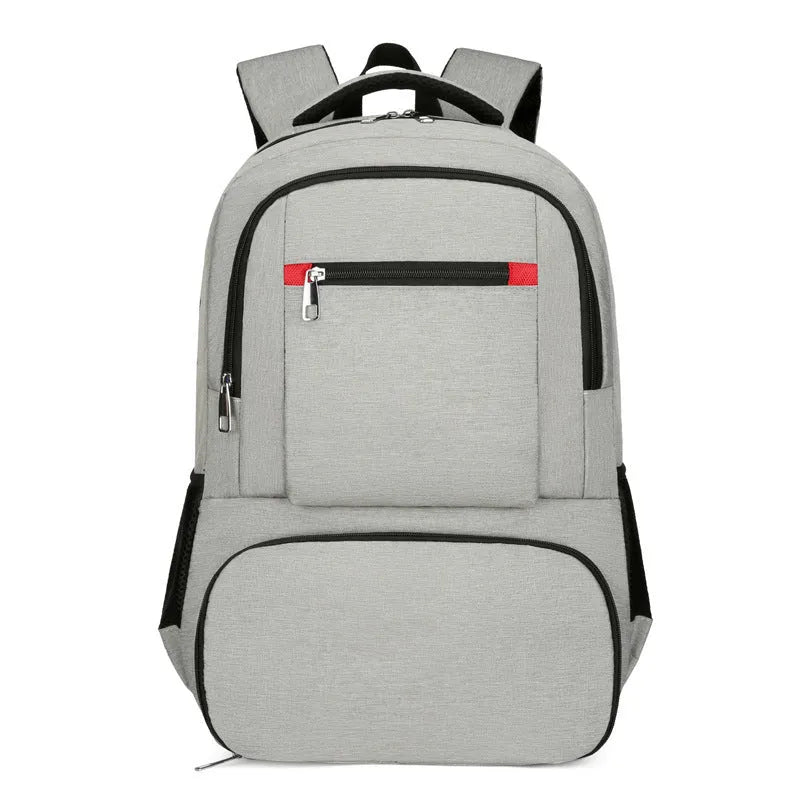Light grey insulated Oxford cloth backpack with curved shoulder straps, shown with its pull rod belt accessory.