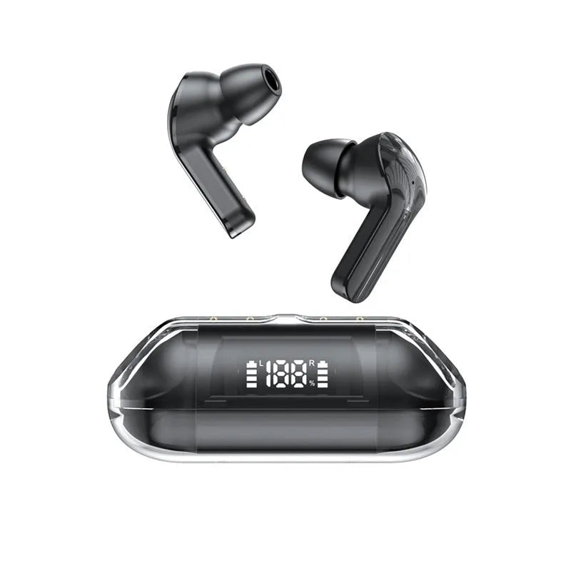 Bluetooth 5.3 wireless headset with transparent digital display charging case shown in pink, black, green, and white colour options.
