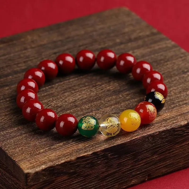 Cinnabar Five Gods Of Wealth bracelet with Pixiu animal charm in national style.