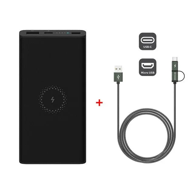 Black and white 10000mAh power bank with USB-C port and wireless charging symbol