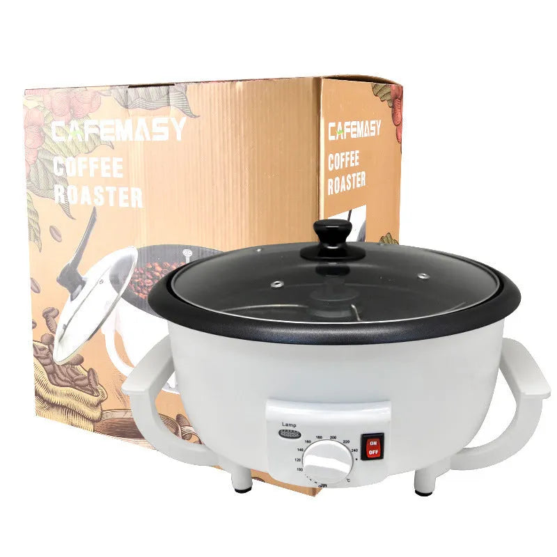 White oblate-shaped home coffee bean roaster with 750g capacity and 225mm pot base.