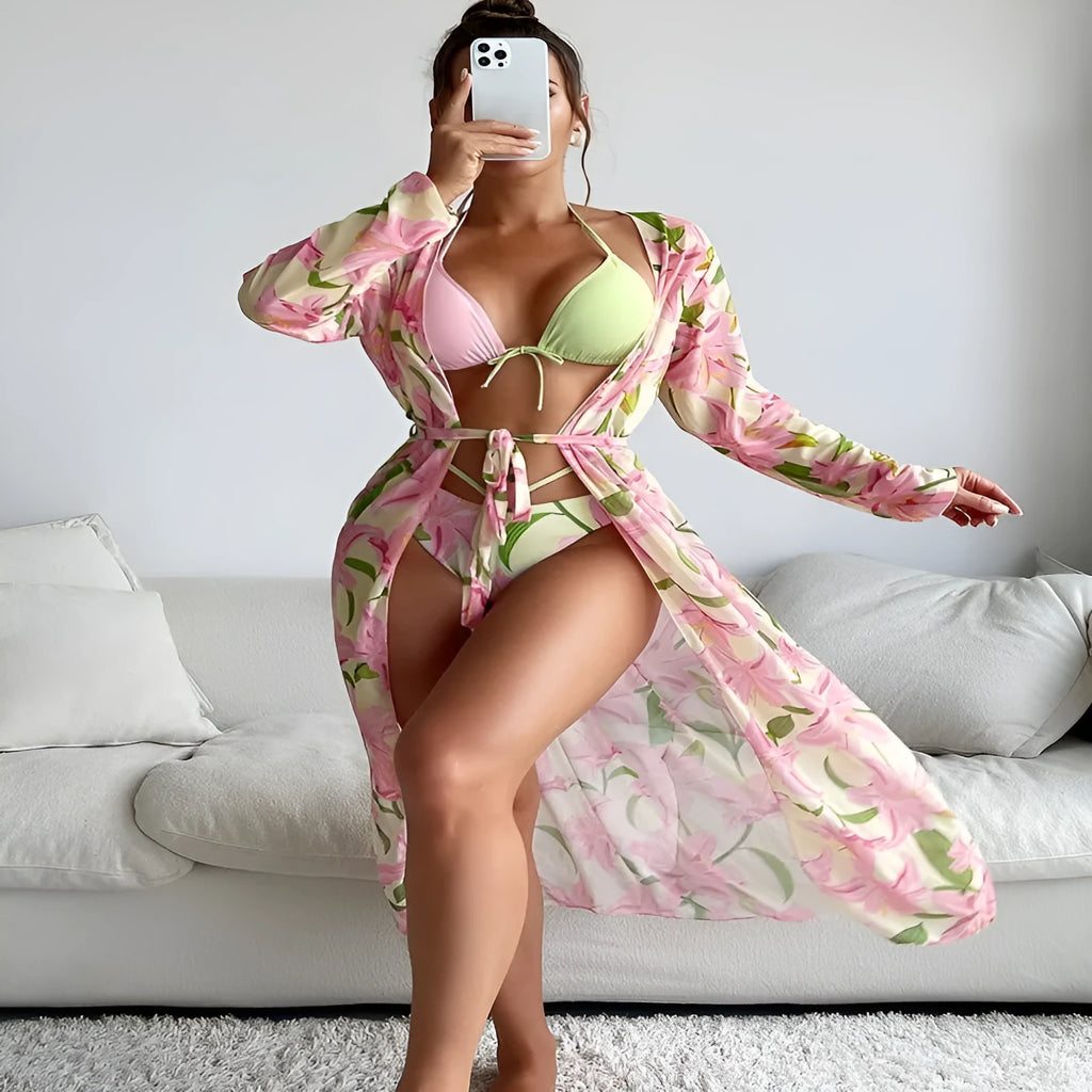 Women's printed bikini swimsuit set with quick-drying fabric in European style