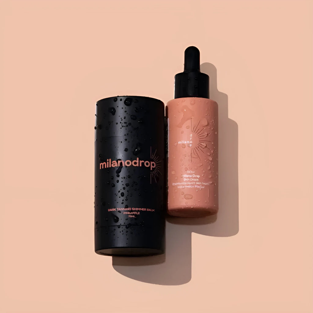 Black bottle containing matte sun tanning liquid drops and tanning flash cream set.