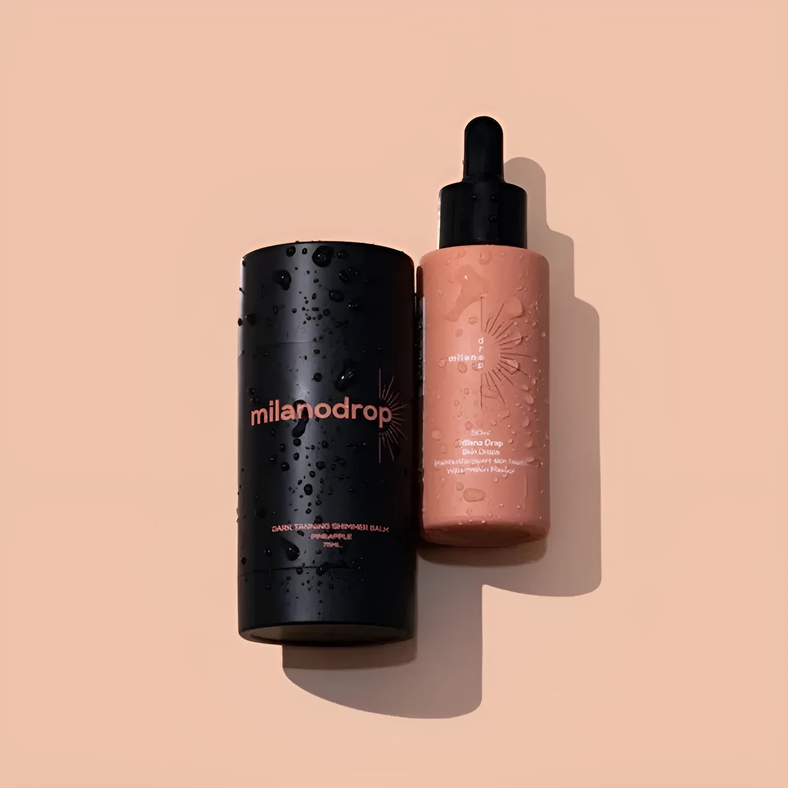 Black bottle containing matte sun tanning liquid drops and tanning flash cream set.