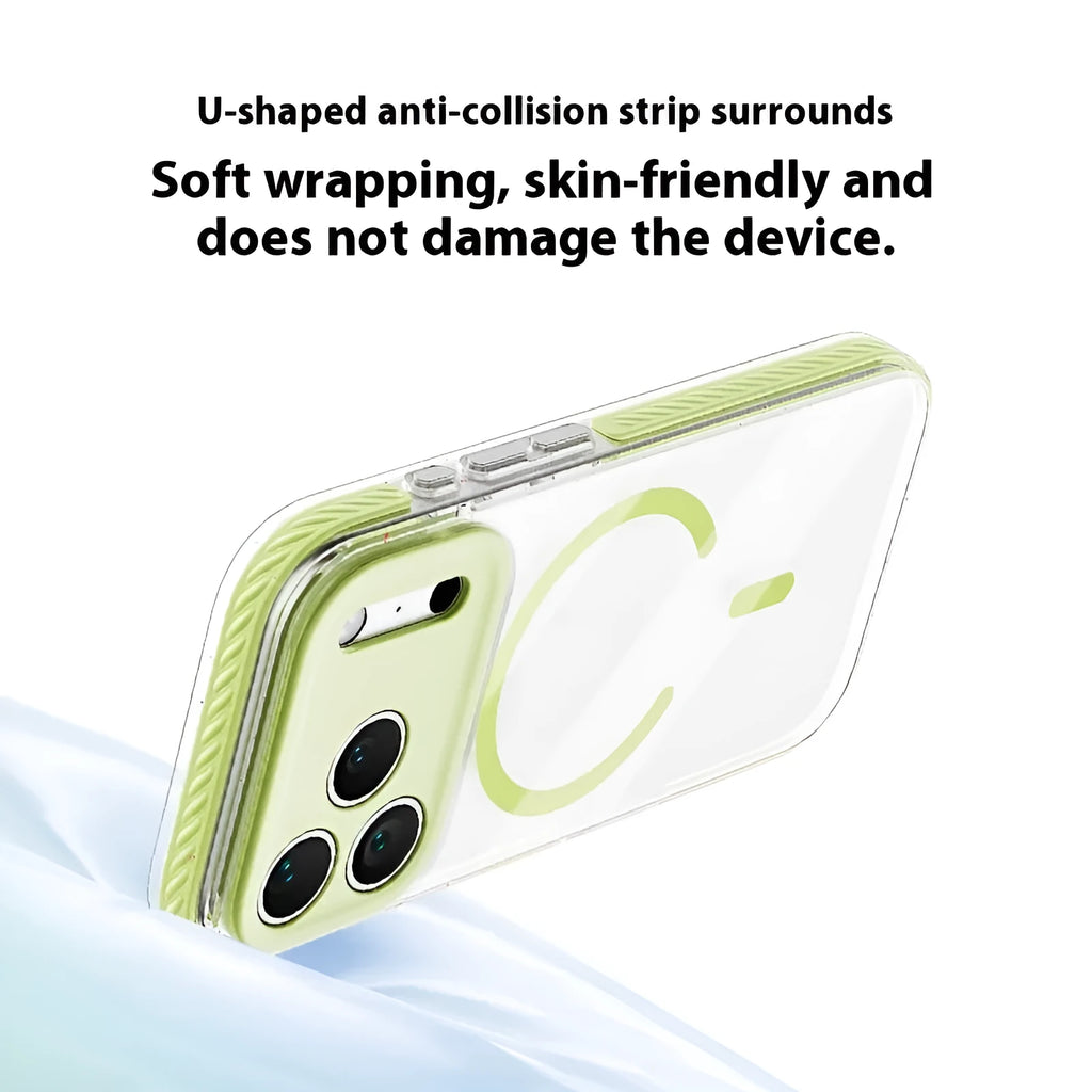 Transparent three-in-one magnetic iPhone case showing drop-resistant protection in Candy Green colour