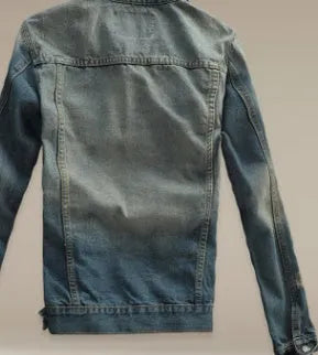 Men's straight fit cotton denim jacket in blue with chest pockets and button front on a hanger